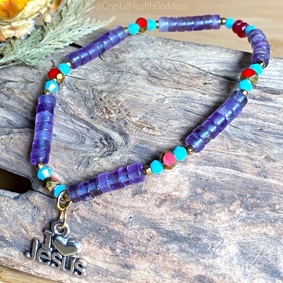 I Love Jesus Amethyst with Austrian Crystals Bracelet - Picture 1 of 5